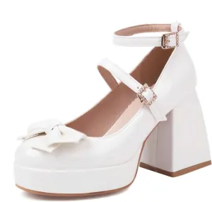 MOJARI Women Bow Platform Chunky Pumps Round Toe Closed Toe Ankle Strap High Heels Shoes Wedding Dress Shoes