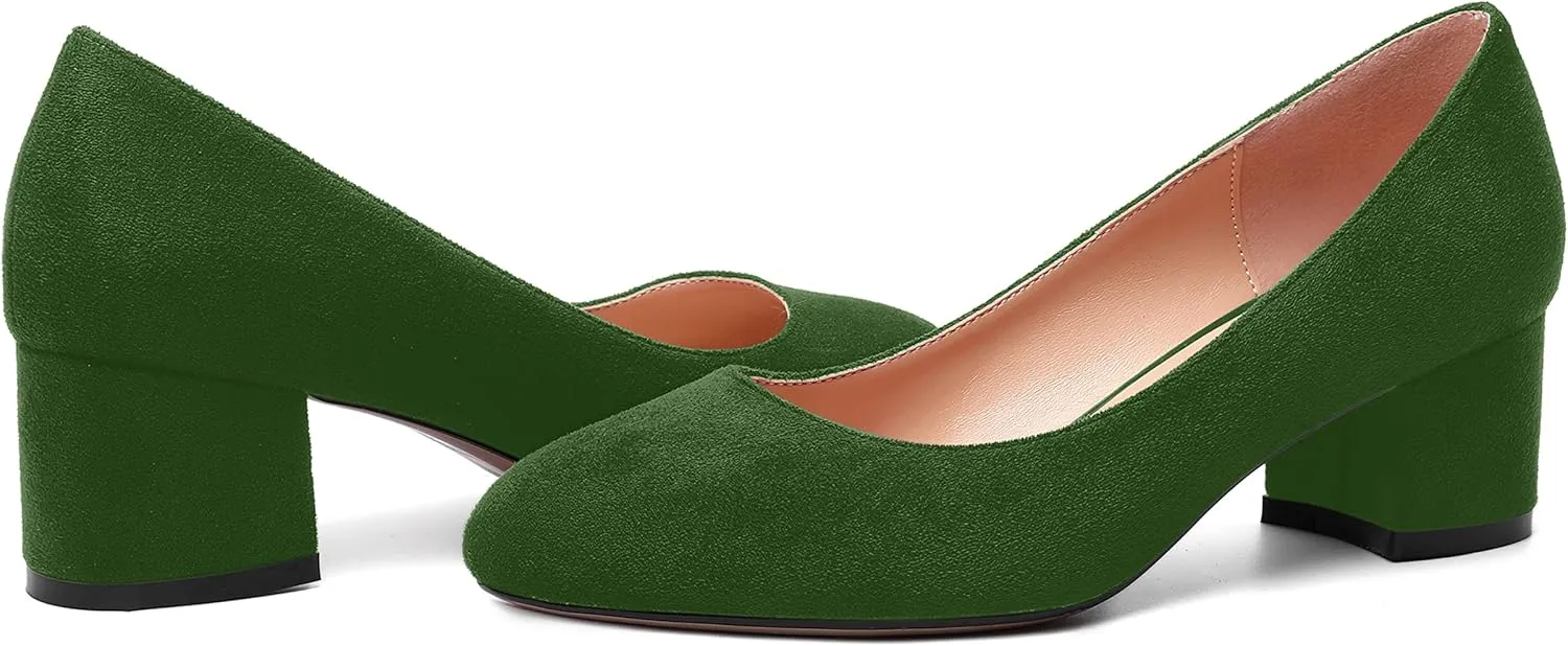 MOVINSTEPS Womens Office Dress Suede Slip On Round Toe Chunky Low Heel Pumps Shoes 2 Inch