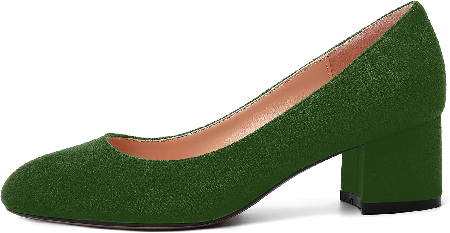 MOVINSTEPS Womens Office Dress Suede Slip On Round Toe Chunky Low Heel Pumps Shoes 2 Inch