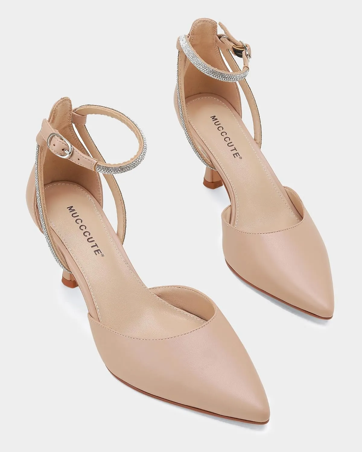 MUCCCUTE Kitten Heels for Women Closed Pointed Toe Heels Rhinestone Ankle Strap Elegant Comfortable Dressy Wedding Party Work Pumps