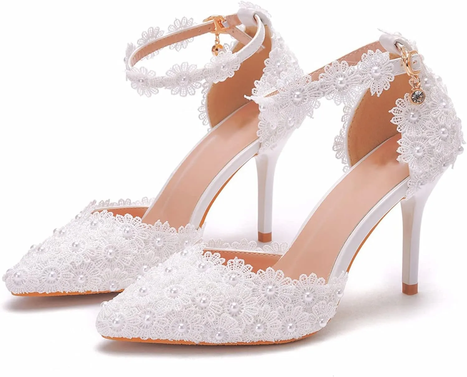 MYFSPORTS Wedding Shoes Ladies Sandals Pointed Toe Heels Lace Beaded Wedding High Heels Evening Dress Bride Bridesmaid Princess Shoes