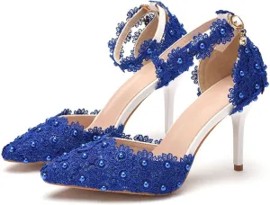 MYFSPORTS Wedding Shoes Ladies Sandals Pointed Toe Heels Lace Beaded Wedding High Heels Evening Dress Bride Bridesmaid Princess Shoes