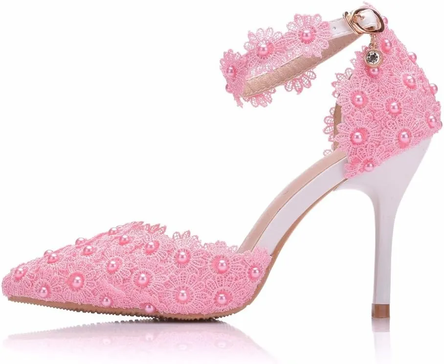 MYFSPORTS Wedding Shoes Ladies Sandals Pointed Toe Heels Lace Beaded Wedding High Heels Evening Dress Bride Bridesmaid Princess Shoes