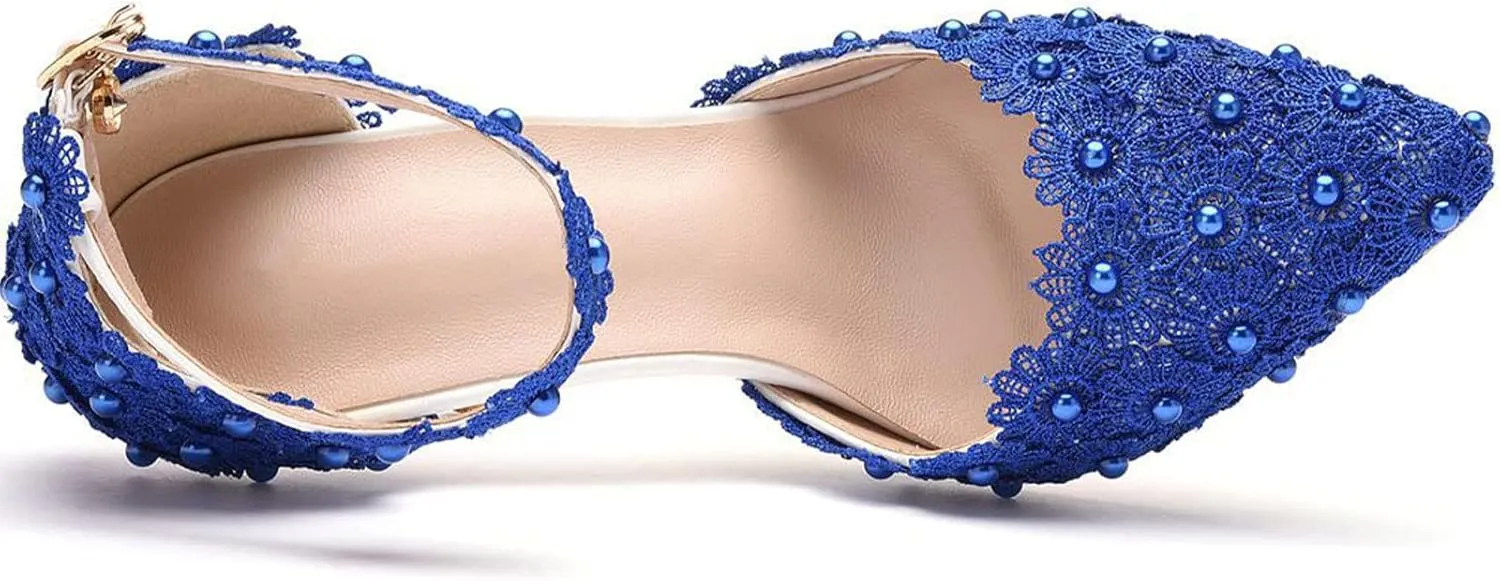MYFSPORTS Wedding Shoes Ladies Sandals Pointed Toe Heels Lace Beaded Wedding High Heels Evening Dress Bride Bridesmaid Princess Shoes