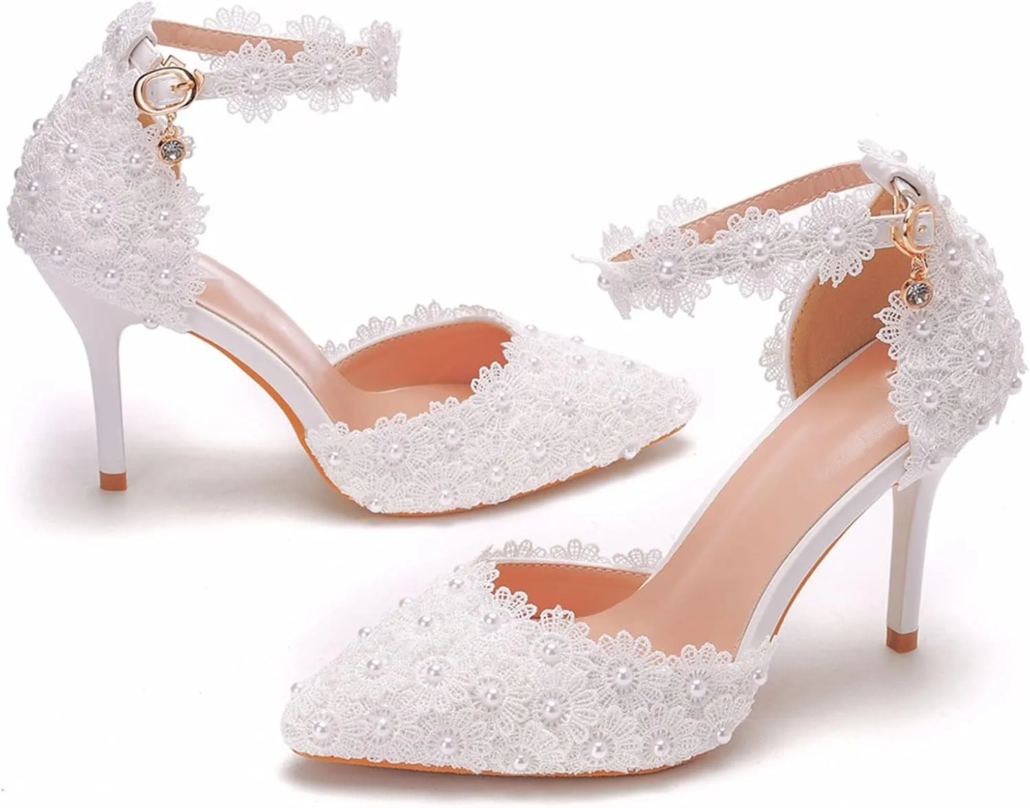 MYFSPORTS Wedding Shoes Ladies Sandals Pointed Toe Heels Lace Beaded Wedding High Heels Evening Dress Bride Bridesmaid Princess Shoes
