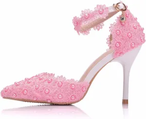 MYFSPORTS Wedding Shoes Ladies Sandals Pointed Toe Heels Lace Beaded Wedding High Heels Evening Dress Bride Bridesmaid Princess Shoes
