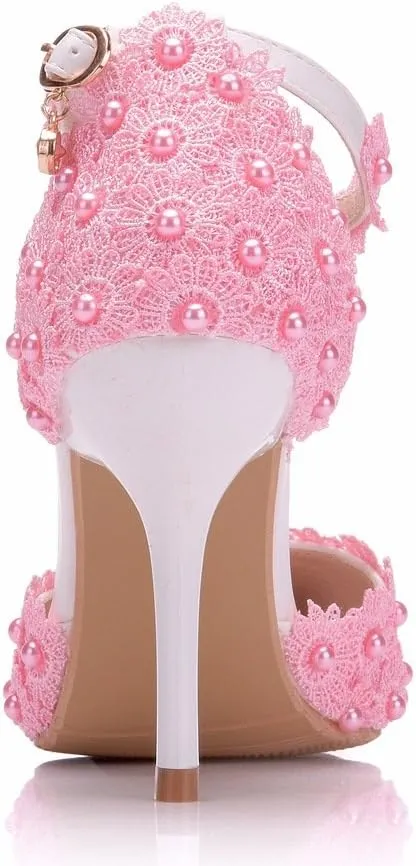 MYFSPORTS Wedding Shoes Ladies Sandals Pointed Toe Heels Lace Beaded Wedding High Heels Evening Dress Bride Bridesmaid Princess Shoes
