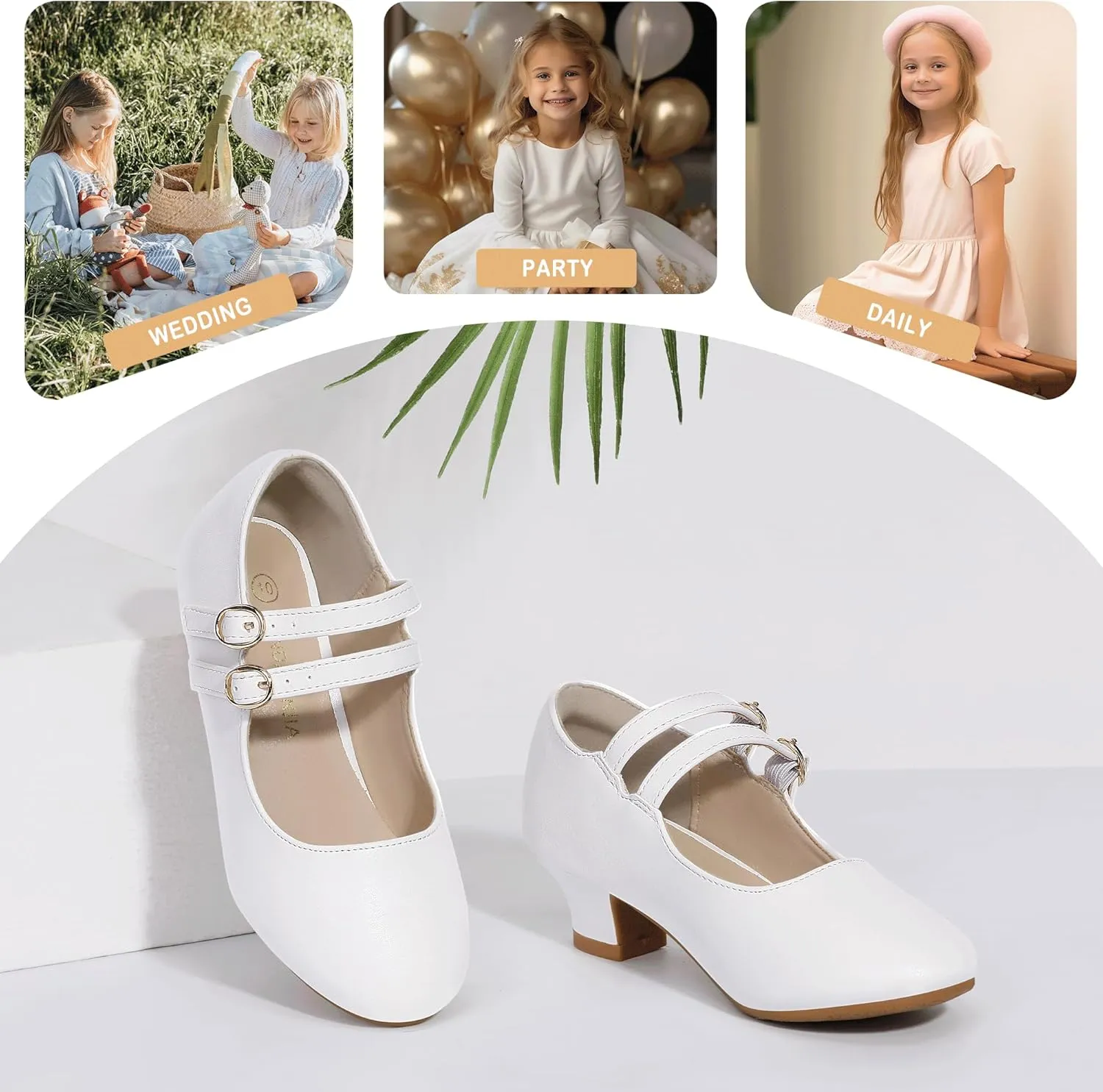 PANDANINJIA Christy Girls Heels Dress Shoes Mary Jane Rhinestone Bows Pumps Low Heel Princess Flower Wedding Party for Toddler Little Kid
