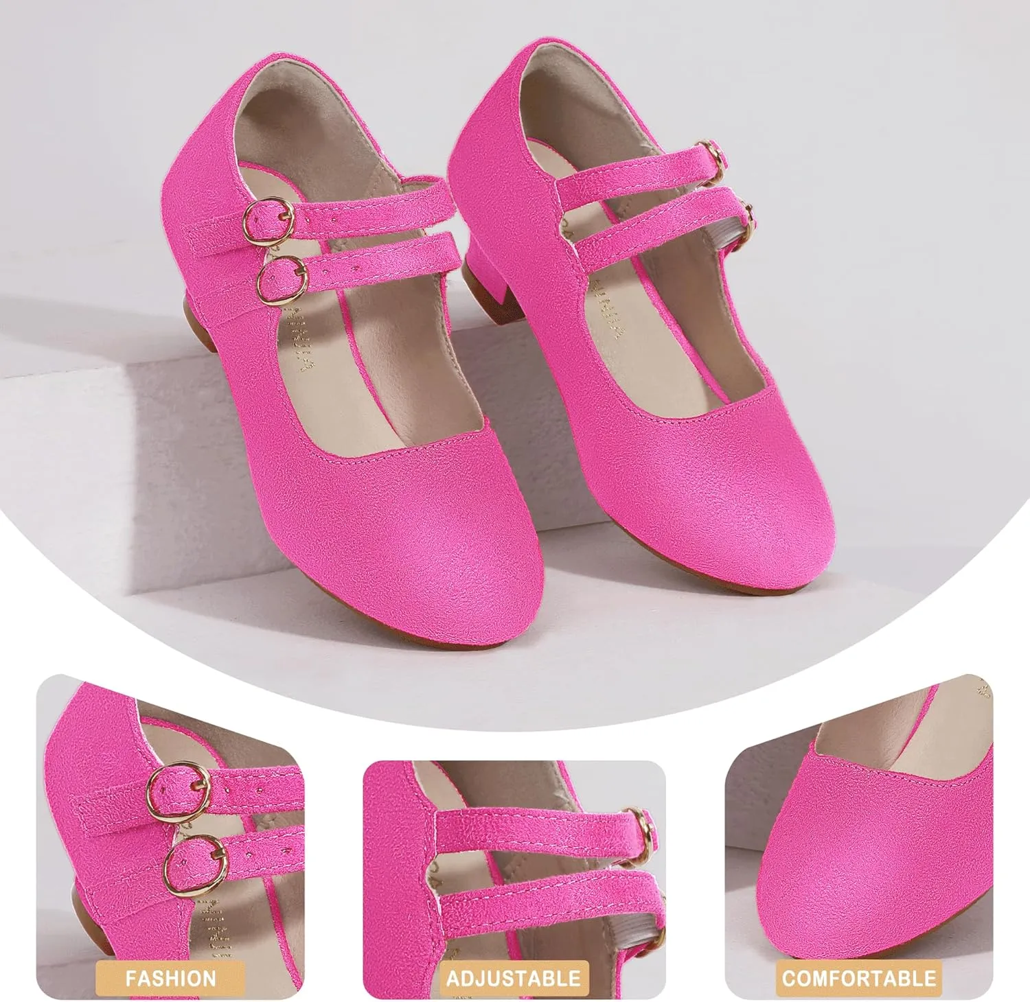 PANDANINJIA Christy Girls Heels Dress Shoes Mary Jane Rhinestone Bows Pumps Low Heel Princess Flower Wedding Party for Toddler Little Kid