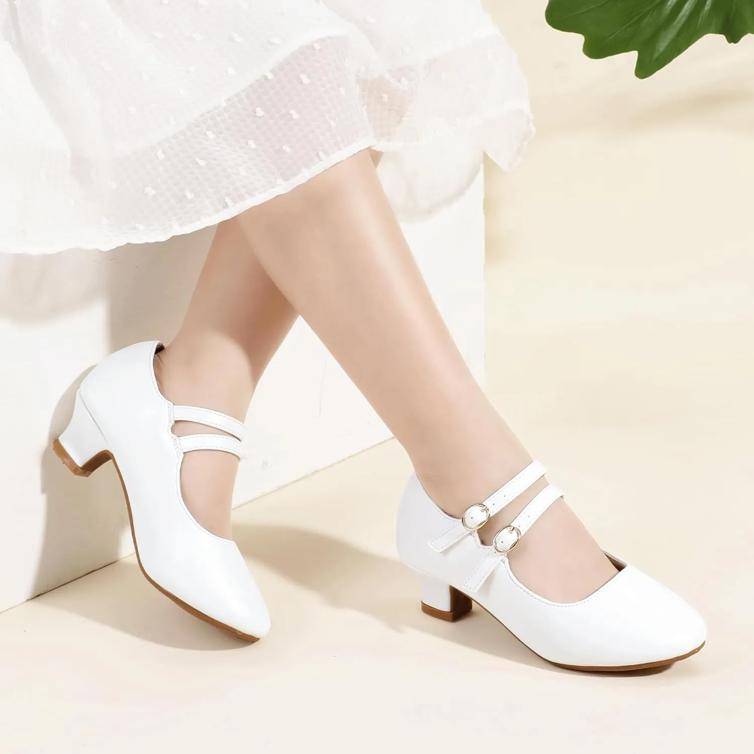PANDANINJIA Christy Girls Heels Dress Shoes Mary Jane Rhinestone Bows Pumps Low Heel Princess Flower Wedding Party for Toddler Little Kid