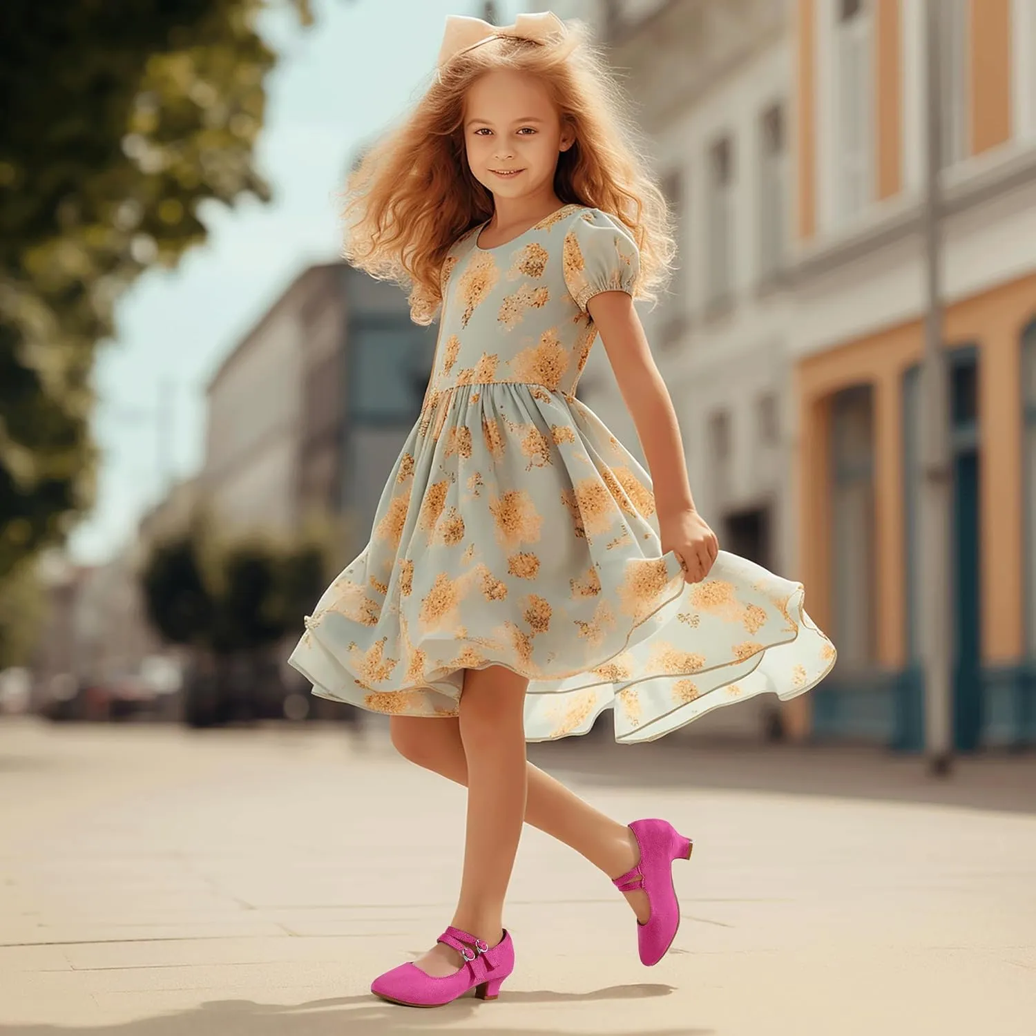 PANDANINJIA Christy Girls Heels Dress Shoes Mary Jane Rhinestone Bows Pumps Low Heel Princess Flower Wedding Party for Toddler Little Kid
