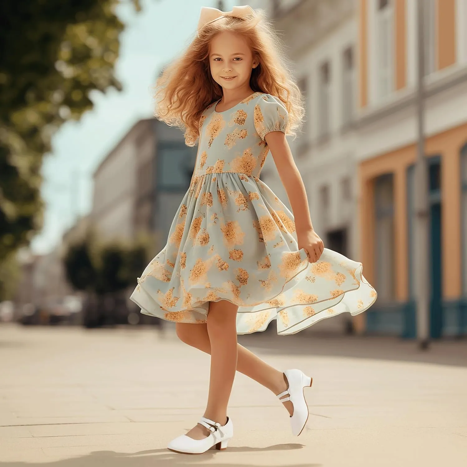PANDANINJIA Christy Girls Heels Dress Shoes Mary Jane Rhinestone Bows Pumps Low Heel Princess Flower Wedding Party for Toddler Little Kid