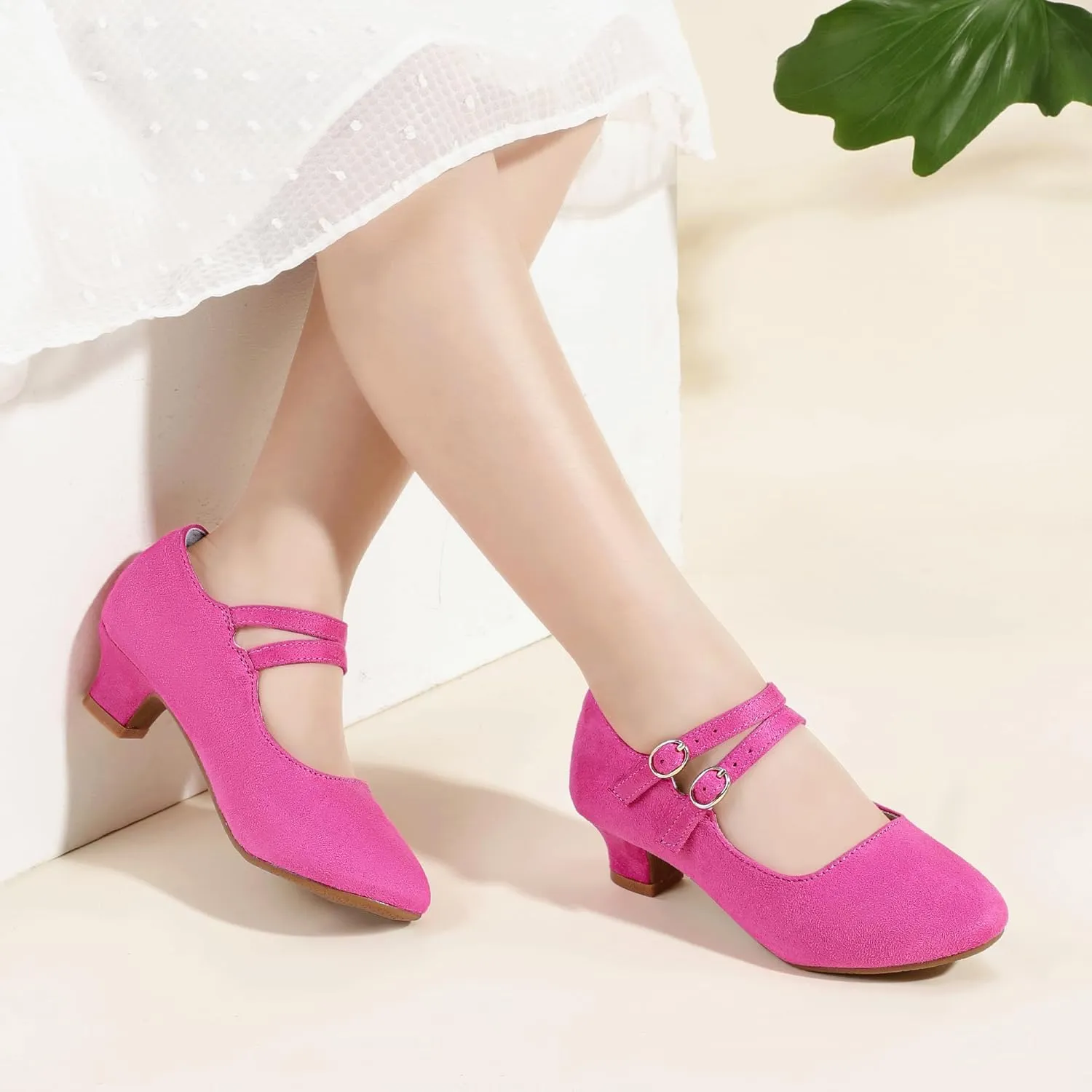 PANDANINJIA Christy Girls Heels Dress Shoes Mary Jane Rhinestone Bows Pumps Low Heel Princess Flower Wedding Party for Toddler Little Kid