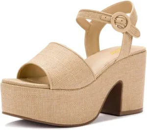 Pazzion Women Chunky High Heel Platform Sandals Open Toe Ankle Strap Buckle Ladies Shoes for Bridal Prom Event Size 4-16 US