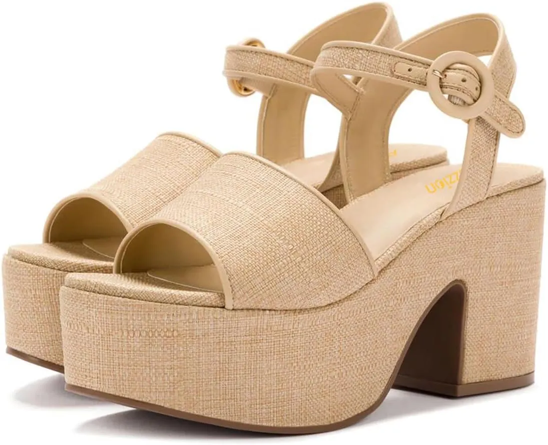 Pazzion Women Chunky High Heel Platform Sandals Open Toe Ankle Strap Buckle Ladies Shoes for Bridal Prom Event Size 4-16 US