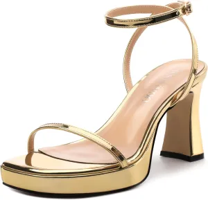Platform Chunky Block High Heels for Women Patent Square Open Toe Ankle Strap Buckle Heeled Sandals Fashion Wedding Party Prom Evening Dress Shoes