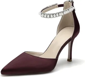 Pointed Toe Pearl Wedding Shoes for Bride White High Heels Satin Bridal Shoes Zipper Back Evening Party Dance Dresses Shoes Pumps for Women