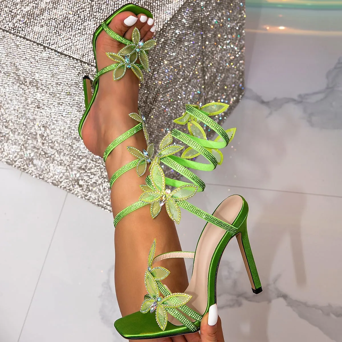 Rhinestone Butterfly Heels for Women Sparkly Sandals Ankle Wrap Up Strappy Shoes Square Toe Shiny High Heels for Prom