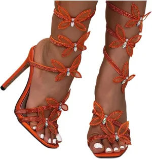 Rhinestone Butterfly Heels for Women Sparkly Sandals Ankle Wrap Up Strappy Shoes Square Toe Shiny High Heels for Prom