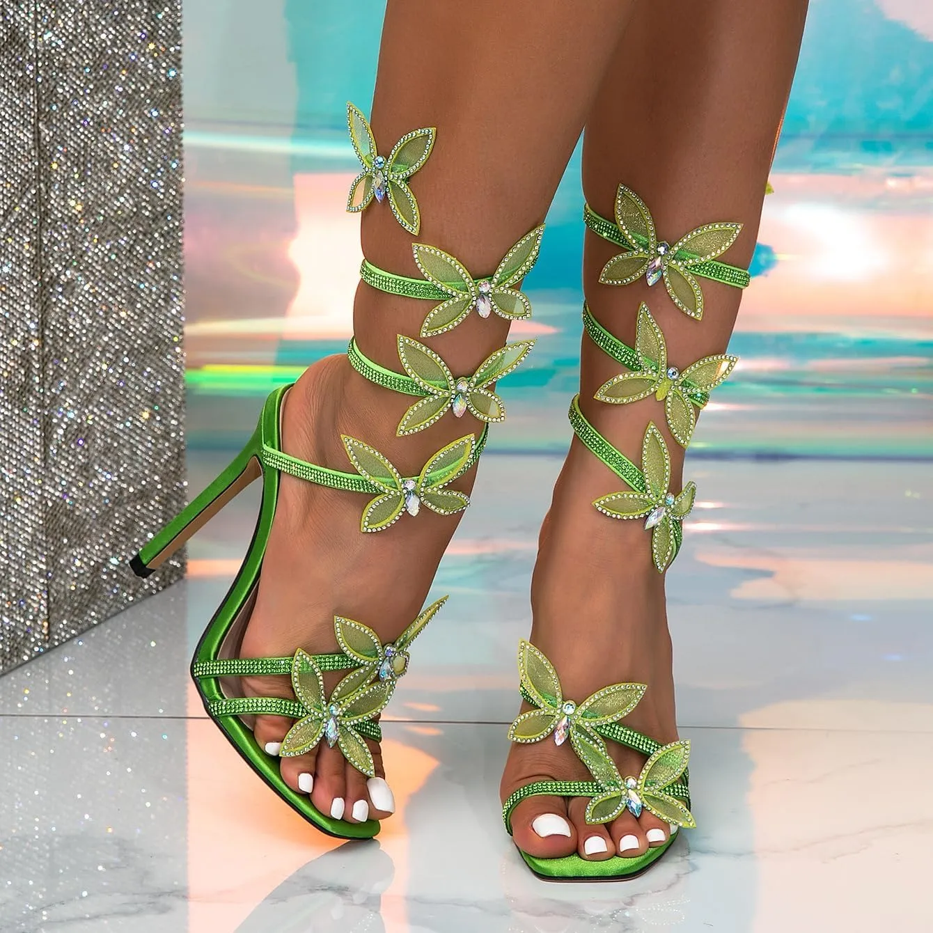 Rhinestone Butterfly Heels for Women Sparkly Sandals Ankle Wrap Up Strappy Shoes Square Toe Shiny High Heels for Prom