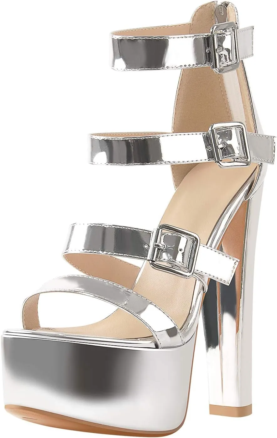 richealnini Women's Sexy Platform Sandals Open Toe Block Chunky Heel Zipper Ankle Strap Party Shoes