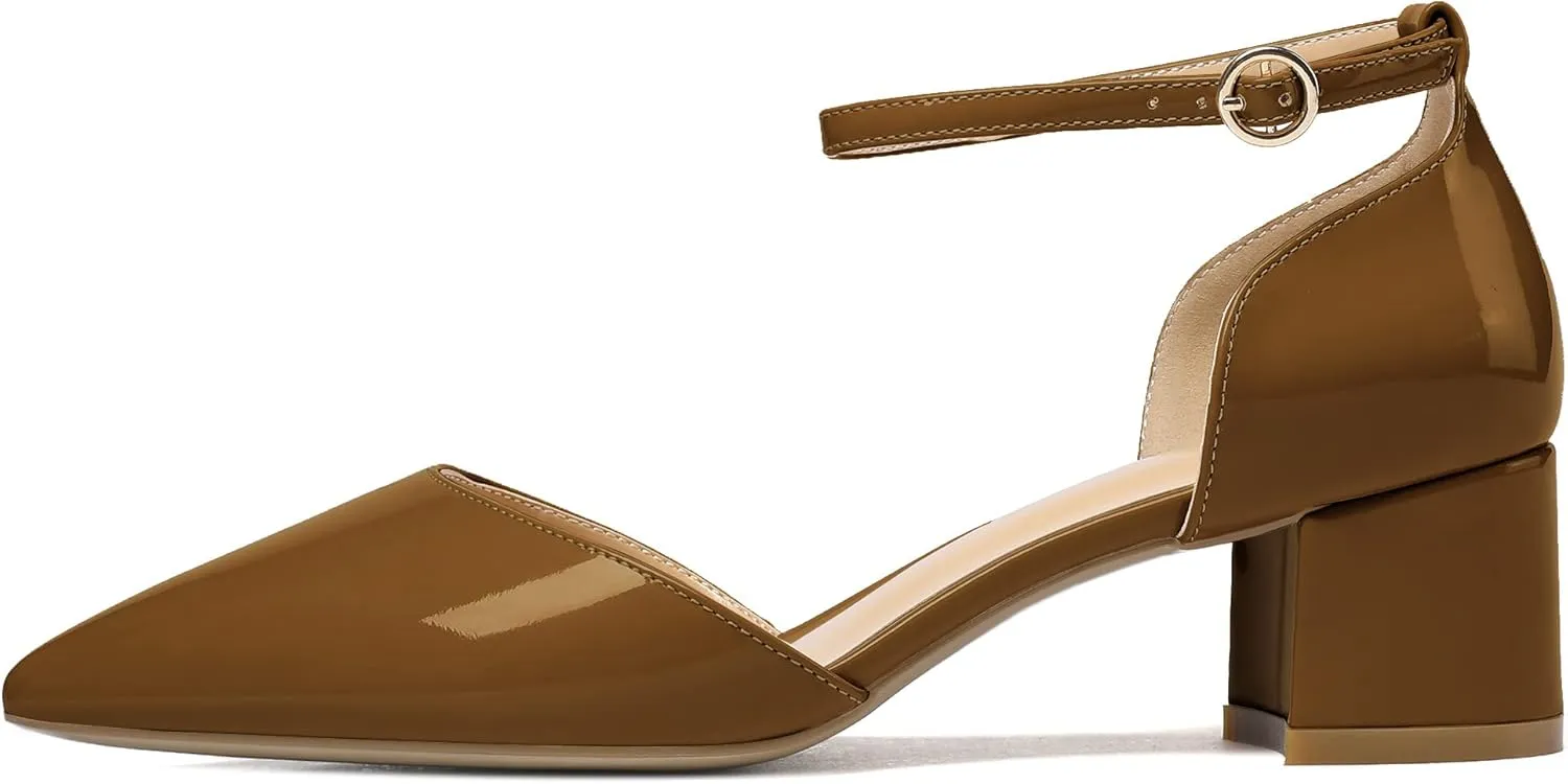 SAMMITOP Women's Pointed Toe Pumps D'Orsay Sandals Ankle Strap Buckle Chunky Block Heel Dress Shoes