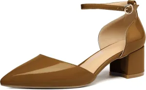 SAMMITOP Women's Pointed Toe Pumps D'Orsay Sandals Ankle Strap Buckle Chunky Block Heel Dress Shoes