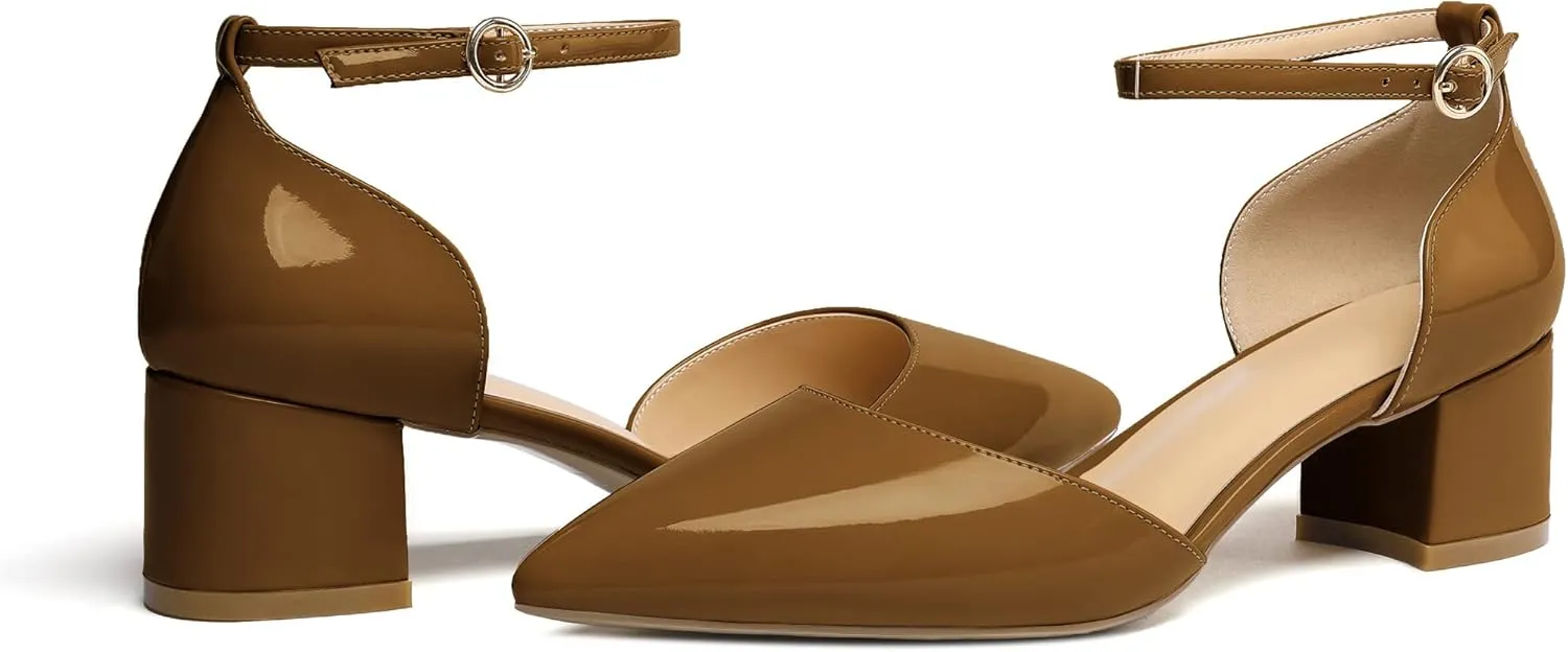 SAMMITOP Women's Pointed Toe Pumps D'Orsay Sandals Ankle Strap Buckle Chunky Block Heel Dress Shoes