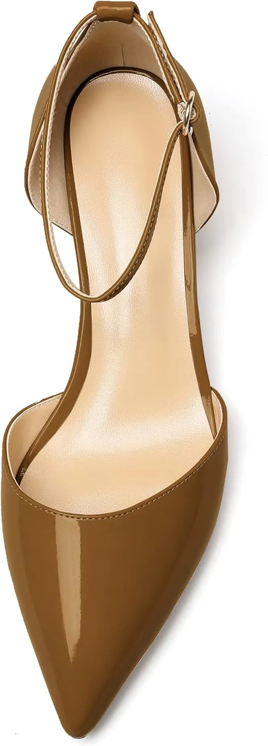 SAMMITOP Women's Pointed Toe Pumps D'Orsay Sandals Ankle Strap Buckle Chunky Block Heel Dress Shoes