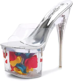 Sexy Transparent Platform Stiletto High Heels for Women Clear Crystal Heel Peep Toe Sandals Slide On Heeled Mule Shoes Catwalk Pole Dancing Nightclub Dress Shoes,Red,5.5