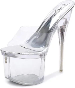 Sexy Transparent Platform Stiletto High Heels for Women Clear Crystal Heel Peep Toe Sandals Slide On Heeled Mule Shoes Catwalk Pole Dancing Nightclub Dress Shoes,White,5