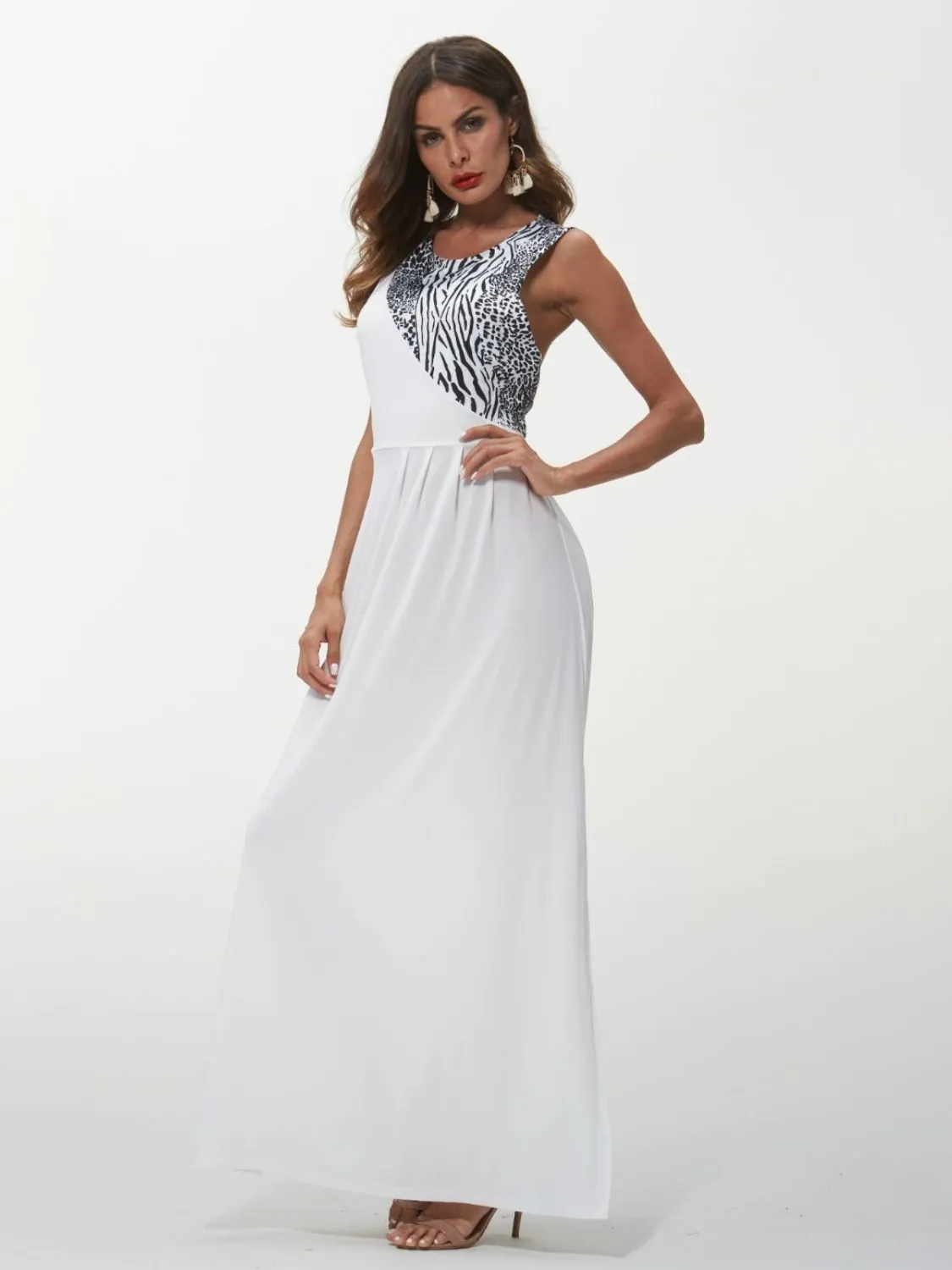 Shiny Slit Animal Print Round Neck Dress