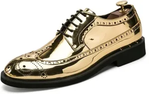 Single Season Dress Shoes for Men Lace Up Brogue Embossed Wing tip Shiny Derby Shoes Vegan Leather Rubber Sole Anti-Slip Block Heel Classic Very Popular Among Young People (Color : Golde Golden