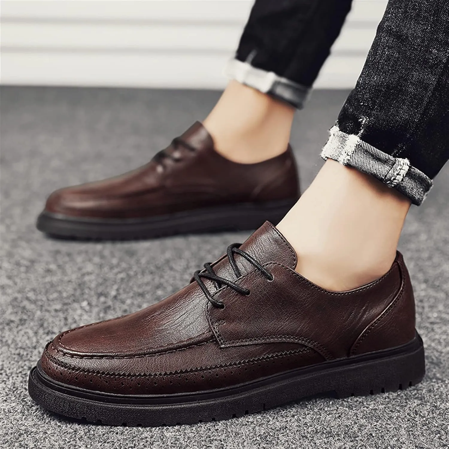 Single Season Formal Shoes for Men Lace Up Apron Toe Round Toe Derby Shoes Vegan Leather Slip Resistant Rubber Sole Anti-Slip Low Top Classic Very Popular Among Young People