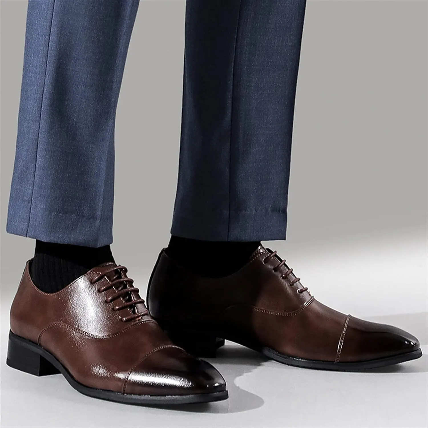 Single Season Formal Shoes for Men Lace Up Cap Toe Black Burnished Toe Vegan Leather Slip Resistant Low Top Anti-Slip Rubber Sole Non Slip Prom Very Popular Among Young People