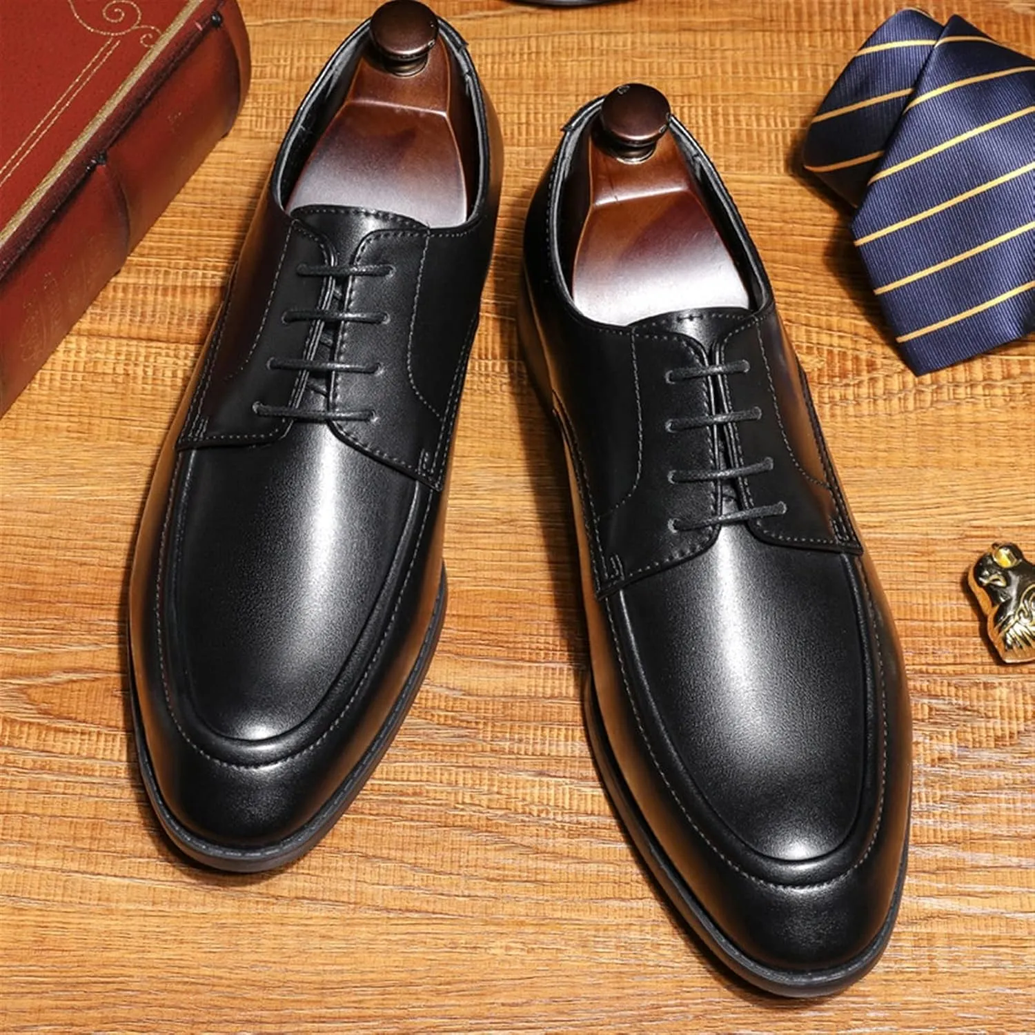 Single Season Oxford Shoes for Men Lace Up Apron Toe Round Toe Vegan Leather Block Heel Anti-Slip Resistant Non Slip Wedding Very Popular Among Young People