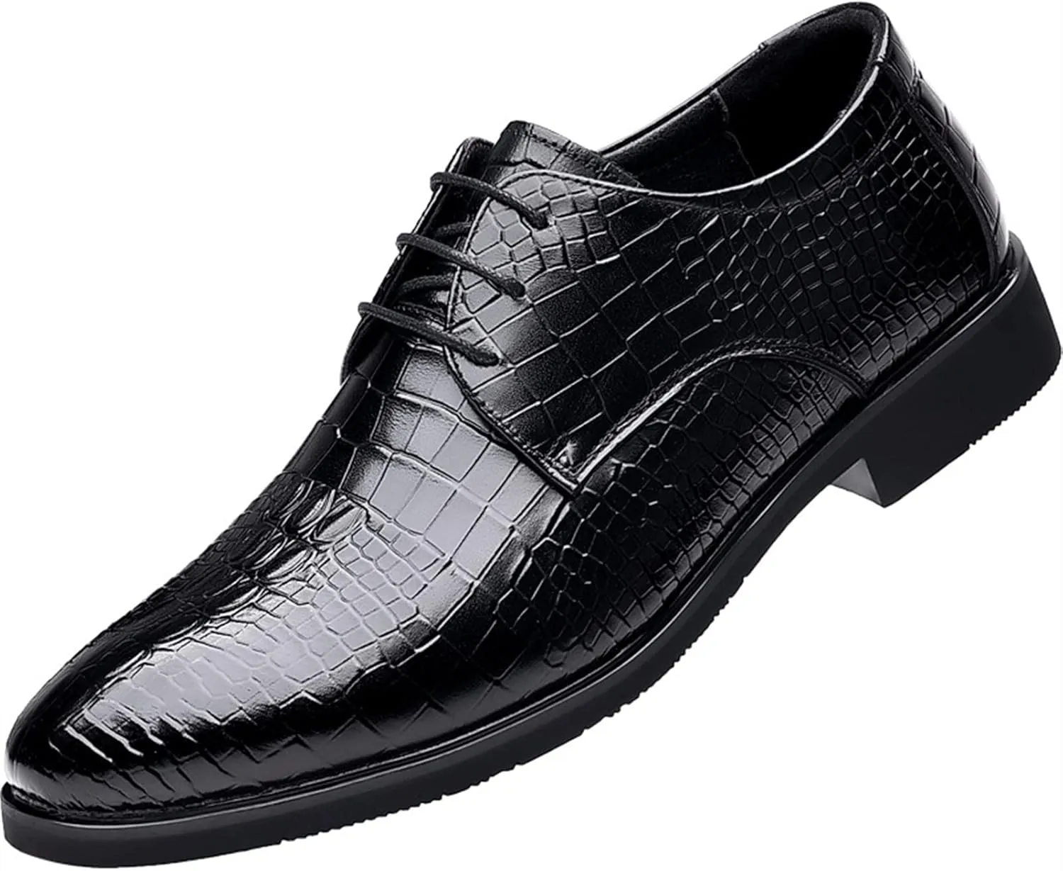 Single Season Oxford Shoes for Men Lace Up Crocodile Embossed Burnished Toe Derby Shoes Vegan Leather Block Heel Rubber Sole Low Top Non Slip Resistant Prom Very Popular Among Young peopl
