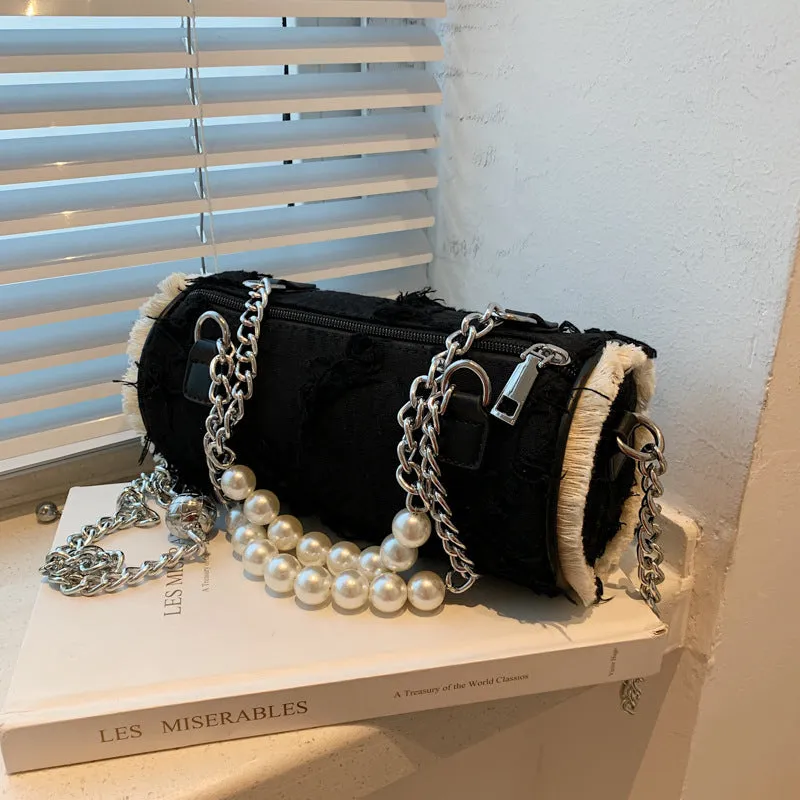 Sohiwoo Retro Cylinder Bag Crossbody Bag With Pearl Metal Chain Versatile Handbag & Coin Purse