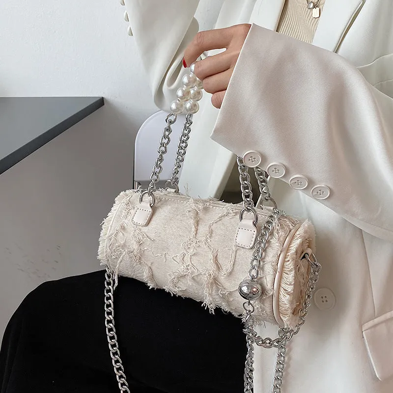 Sohiwoo Retro Cylinder Bag Crossbody Bag With Pearl Metal Chain Versatile Handbag & Coin Purse