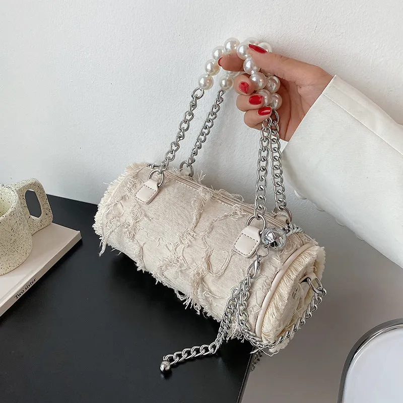 Sohiwoo Retro Cylinder Bag Crossbody Bag With Pearl Metal Chain Versatile Handbag & Coin Purse