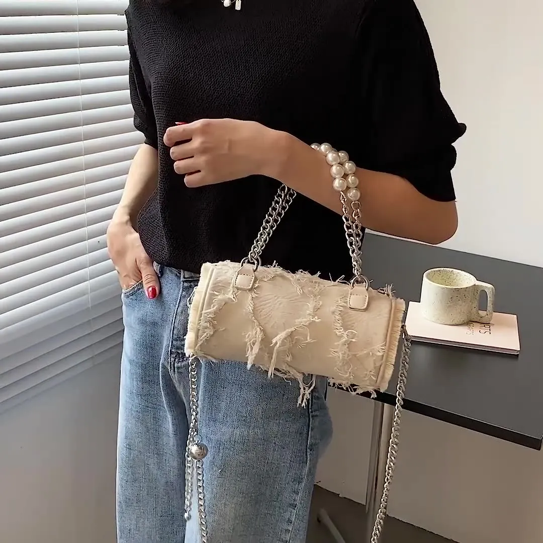 Sohiwoo Retro Cylinder Bag Crossbody Bag With Pearl Metal Chain Versatile Handbag & Coin Purse