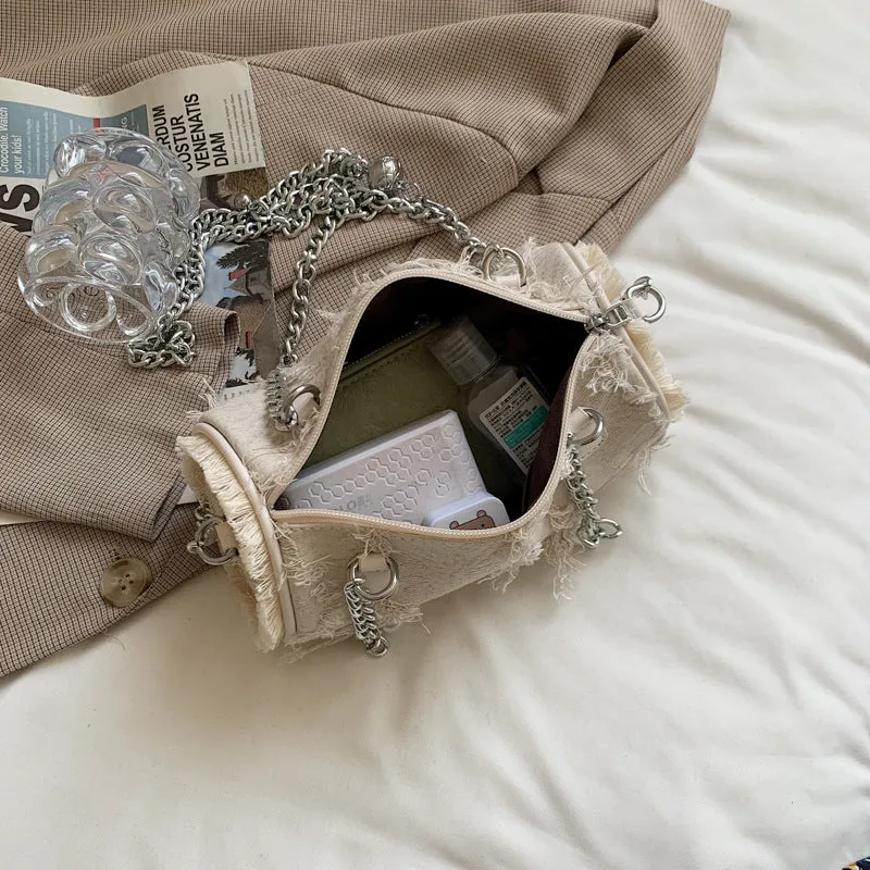 Sohiwoo Retro Cylinder Bag Crossbody Bag With Pearl Metal Chain Versatile Handbag & Coin Purse