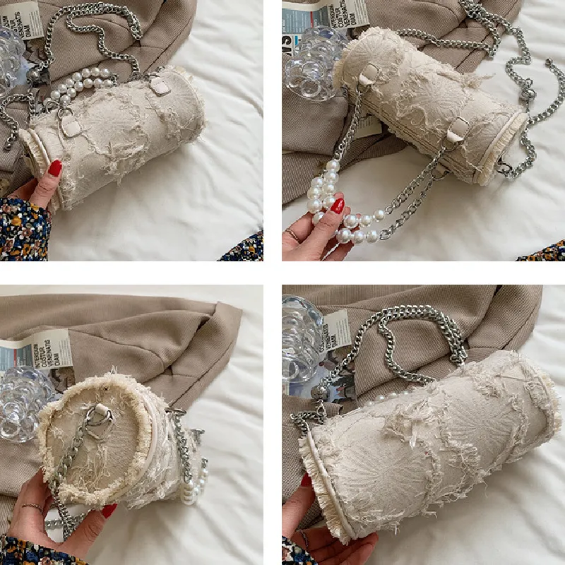 Sohiwoo Retro Cylinder Bag Crossbody Bag With Pearl Metal Chain Versatile Handbag & Coin Purse