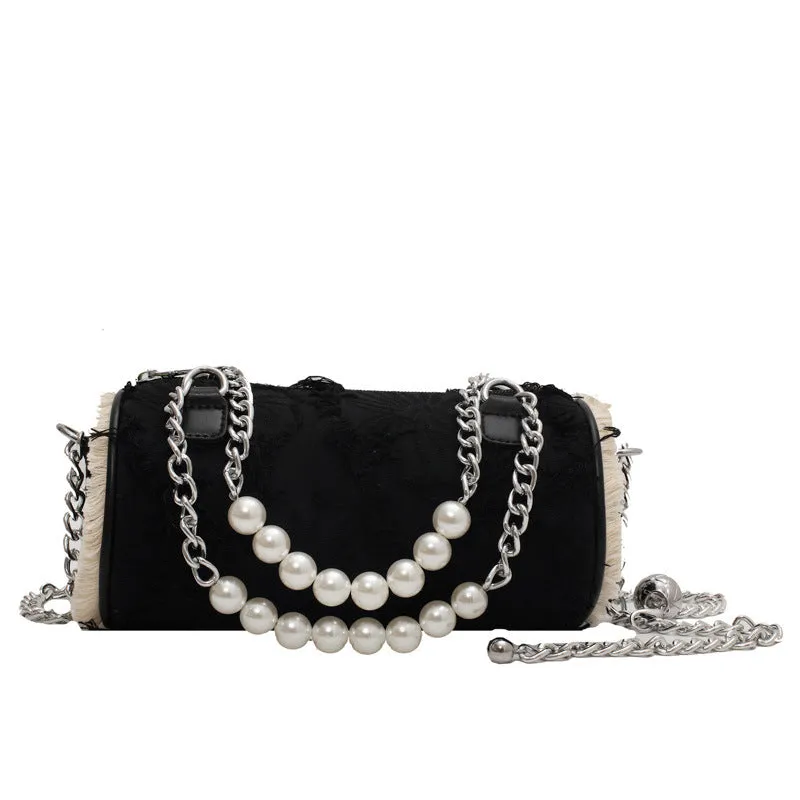 Sohiwoo Retro Cylinder Bag Crossbody Bag With Pearl Metal Chain Versatile Handbag & Coin Purse