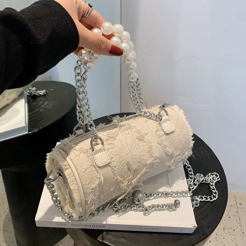 Sohiwoo Retro Cylinder Bag Crossbody Bag With Pearl Metal Chain Versatile Handbag & Coin Purse
