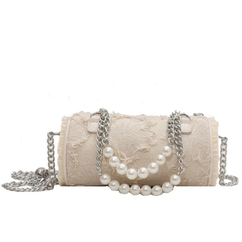 Sohiwoo Retro Cylinder Bag Crossbody Bag With Pearl Metal Chain Versatile Handbag & Coin Purse