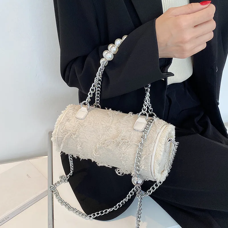 Sohiwoo Retro Cylinder Bag Crossbody Bag With Pearl Metal Chain Versatile Handbag & Coin Purse