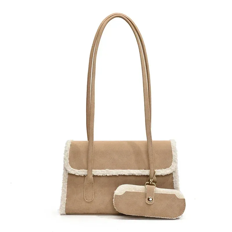 Sohiwoo Winter New Solid Color Suede Buckle Shoulder Bag Hot Sale Versatile Fashion Handbag Soft Simple Western Style Commuting Tote Bag