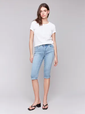 Stretch Denim Pedal Pushers - Light Blue