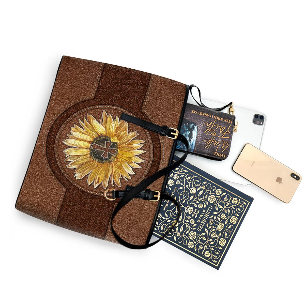 Sunflower Cross Large Leather Tote Bag - Christ Gifts For Religious Women - Best Mother's Day Gifts